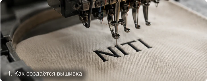 Иглы вышивальной машины создают чёрную надпись на светлой ткани