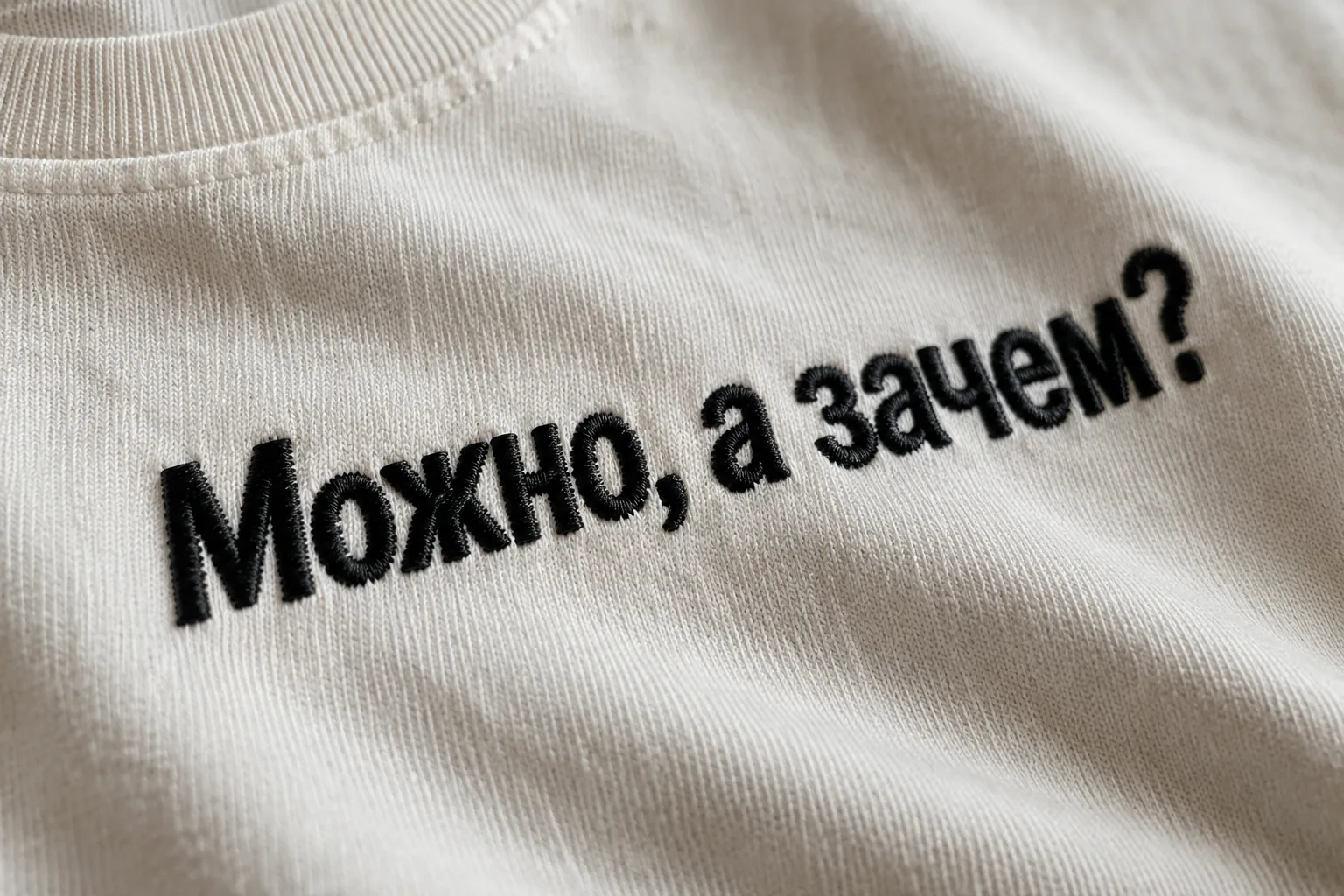 Крупный план аккуратной текстовой вышивки «Можно, а зачем?» на молочной хлопковой футболке