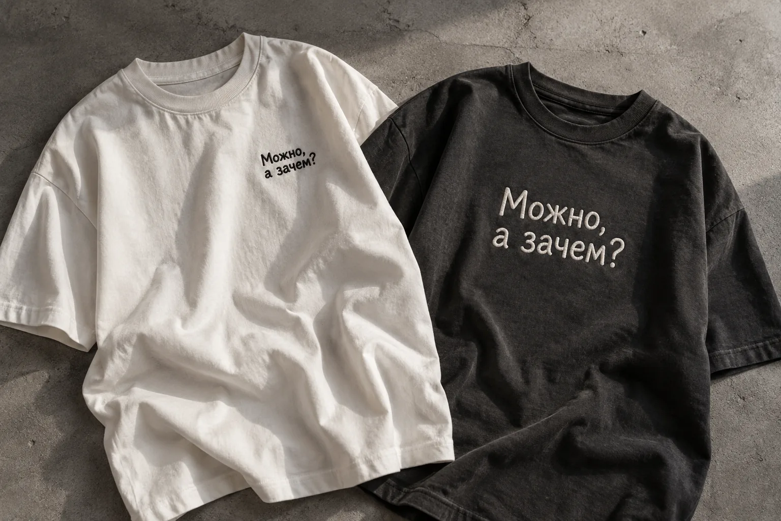 Две оверсайз-футболки рядом: на одной маленькая вышивка «Можно, а зачем?» у груди, на другой более крупная фраза по центру